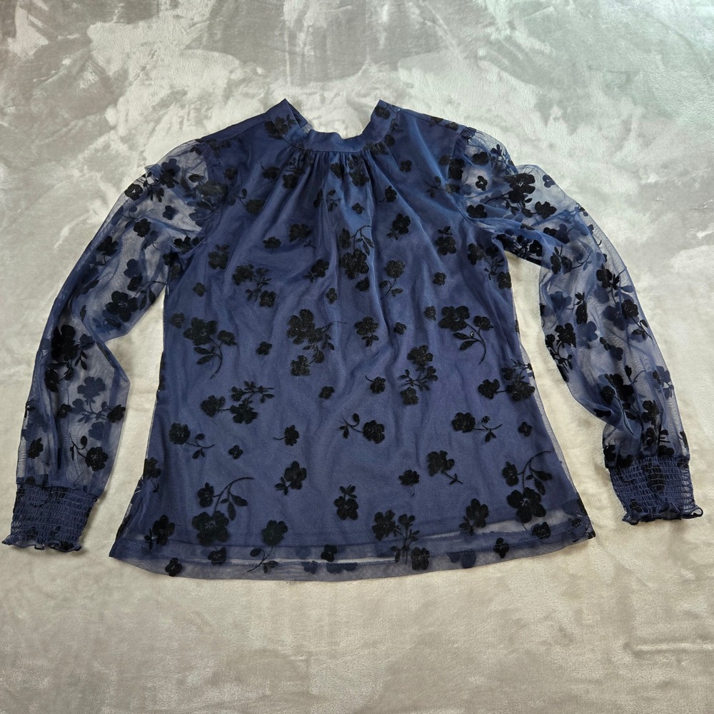 DR2 Daniel Rainn Sheer Floral Mesh Navy‎ XS Blouse Y2K Coquette Date Night Top